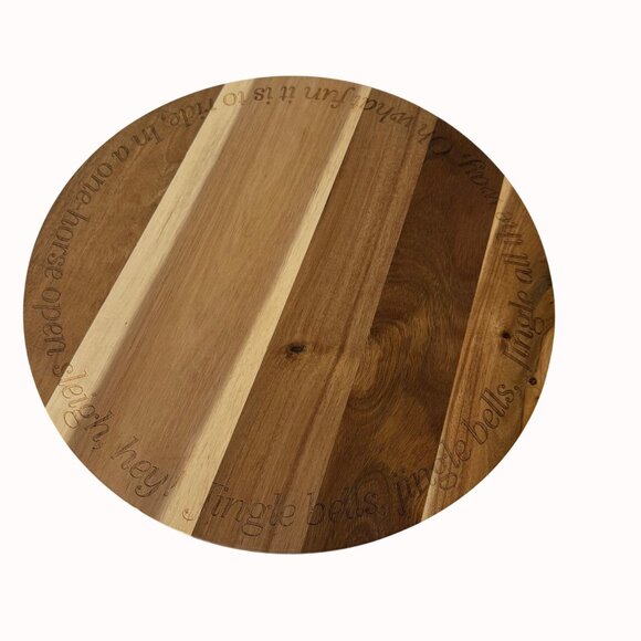 Christmas Acacia Wood Lazy Susan Rustic Table Jingle Bells Engraved Family Party - Picture 6 of 15